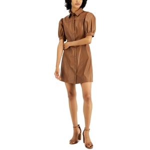 Kit & Sky Brown Faux Leather Puff Sleeve Dress - Size S - Mini Dress